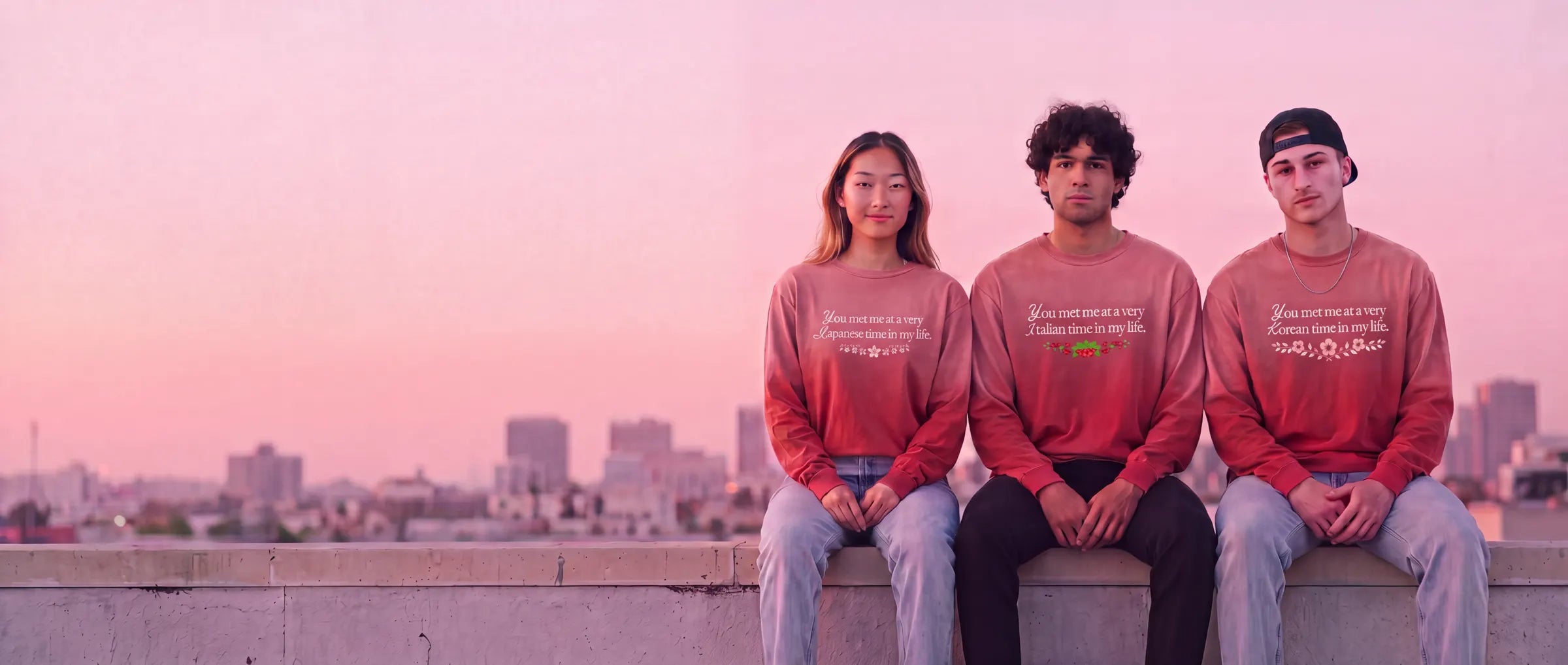 Three friends sitting on a rooftop at sunset wearing red Local By Heart long sleeves with Japanese, Italian and Korean 'You met me at a very ___ time in my life' prints