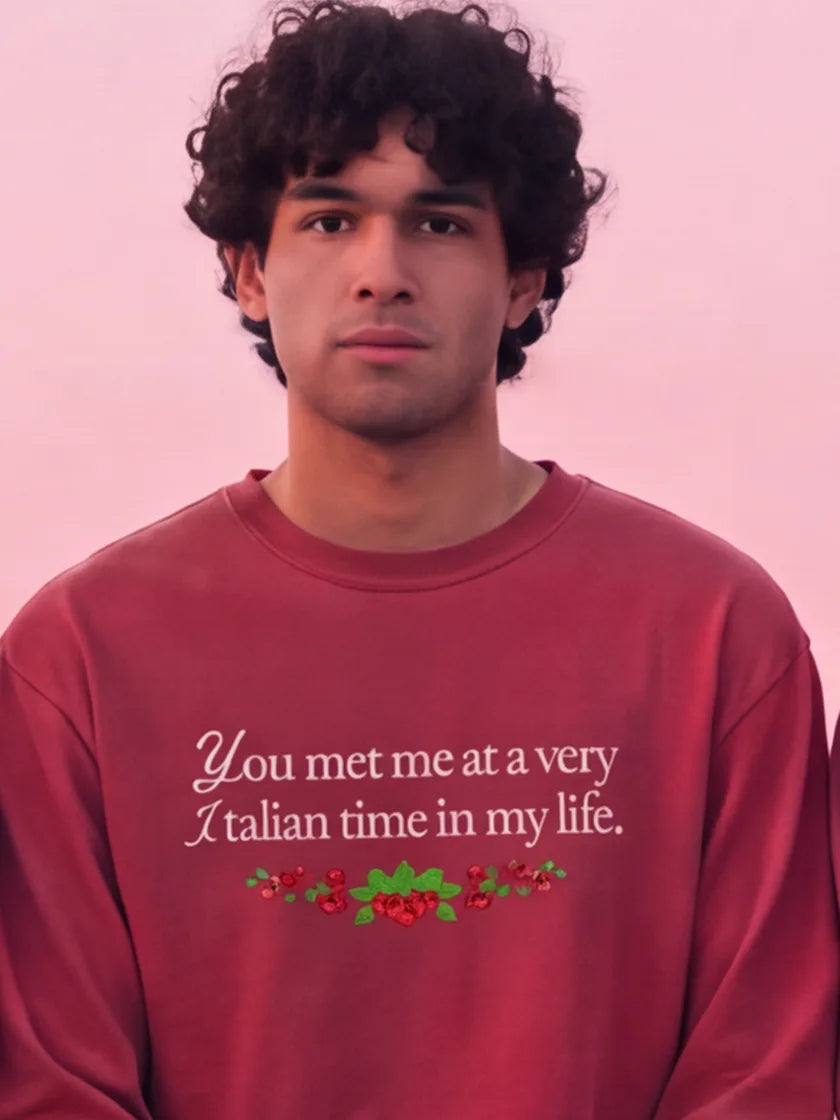 Model wearing the Italian era long sleeve with red flowers