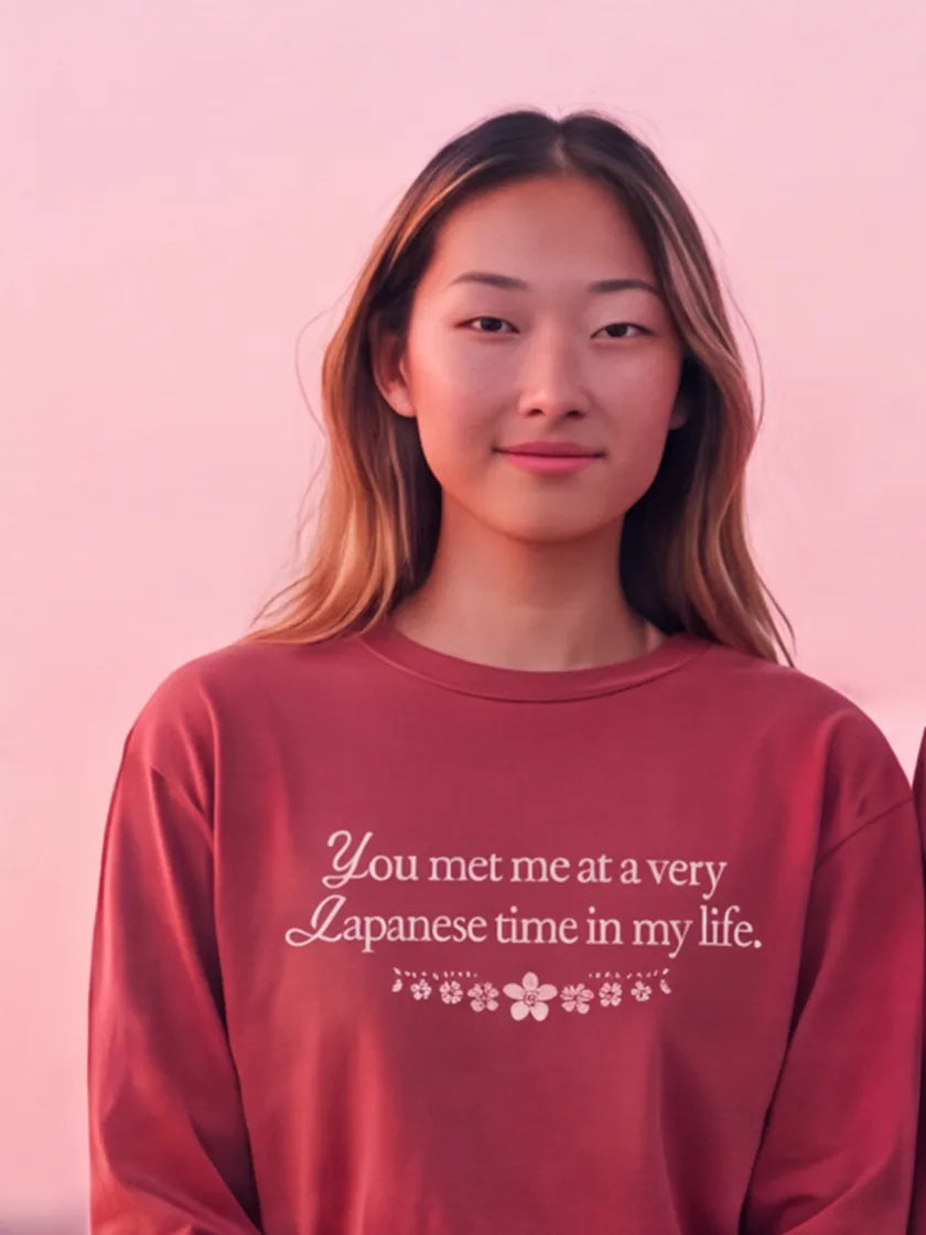 Model wearing the Japanese era long sleeve with cherry blossoms