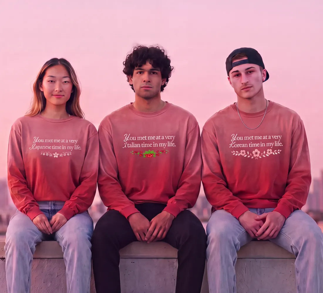 Short clip of three friends on a rooftop at sunset in their era long sleeves